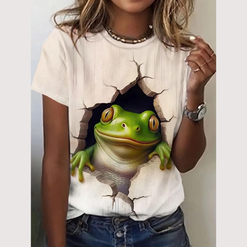 Cartoon-T-Shirt für Damen, Tiermuster-Druck, O-Ausschnitt, Oberteil, Outdoor-Mode, Damen-T-Shirts, Pullover, weibliches übergroßes Kleidungshemd