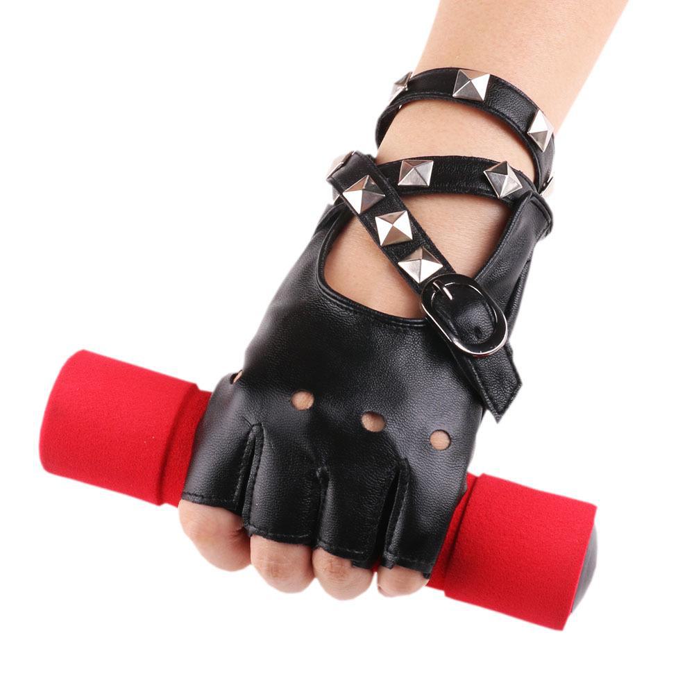 Women's Half-Finger Leather Dance Gloves with Rivets and Chains for Pole, Street, and Performance