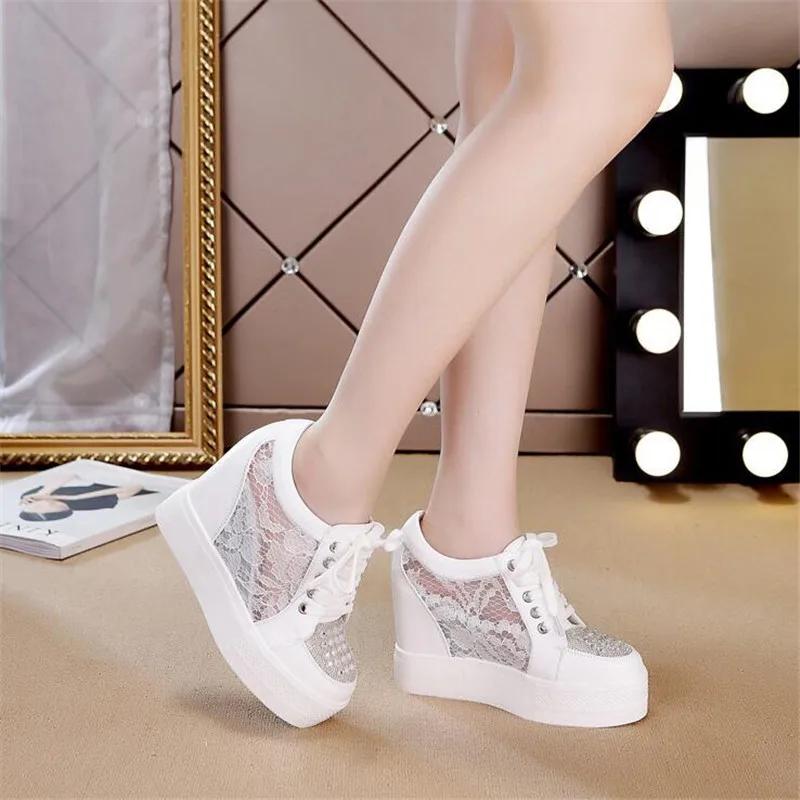 Fashion Women Sneakers Wedding Rhinestone Casual Platform Trainers White Mesh Shoes 11CM Heels Breathable Woman Height Increasing Shoes