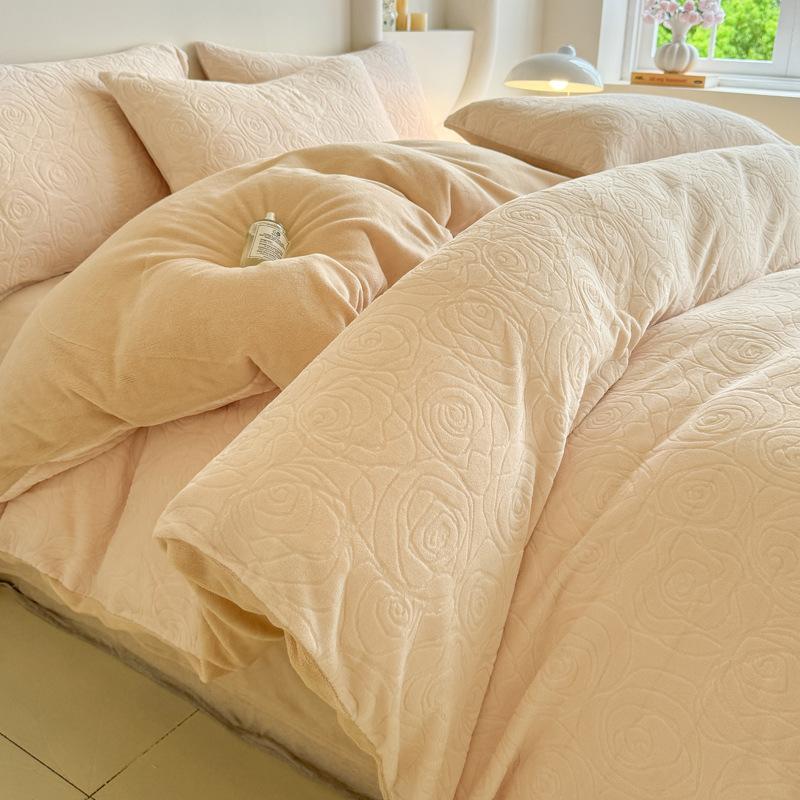 Milk Fleece Four-piece Set, Thickened Carved Fleece, Bed Sheet Quilt Cover, Bed Three-piece Set