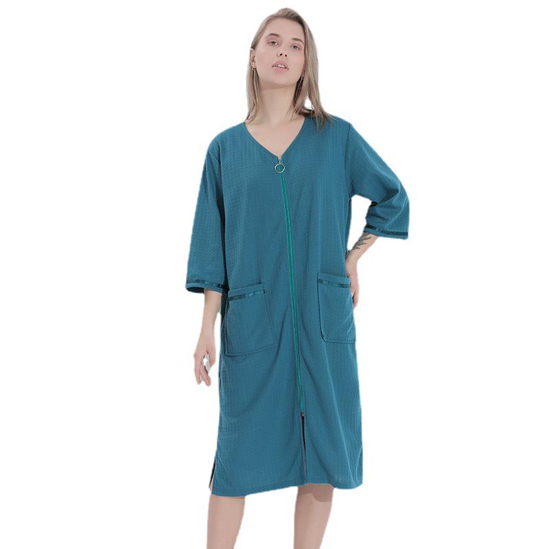 Women's Plus Size Mid-Length Zipper Nightgown and Wearable Bath Towel - Spring/Summer Collection
