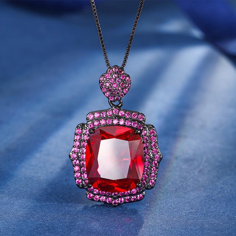 Jewelry Copper Bottom Gold-Plated Simulation Red Corundum Fat Rectangular Black Gold Personalized Set 14 * 16