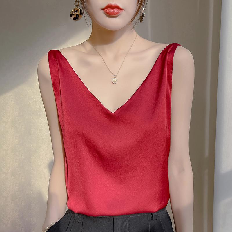 Simulation Silk Sling Vest, Women's Inner Suit, Black and White Bottomed Satin, Mulberry Silk Acetic Acid Top, Summer V-neck