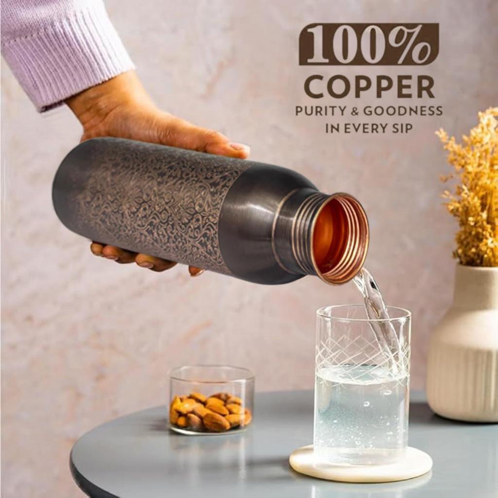 Copper Water Bottle 1 Ltr | Copper Water Bottle with Glass Set | Meena Work | 100% Pure | Leak-Proof | 2 Water Glass 300ml each