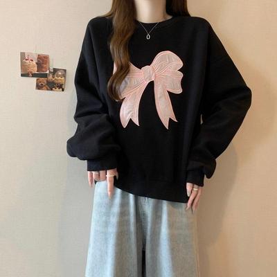Bluza damska z długim rękawem z haftem kokardki w stylu koreańskim - Wiosna/Jesień