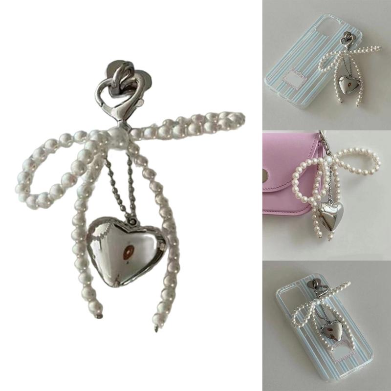 Bowknot Heart Phone Charm Detachable Pearls Bead Phone Lanyard Backpack Ornament
