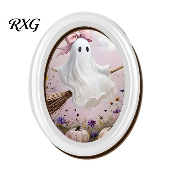 Halloween Wooden Decoration Ghost Photo Frame Ornament, Oval Cute Small Wall Art Decorations for Home Decor Festive Party Accents A