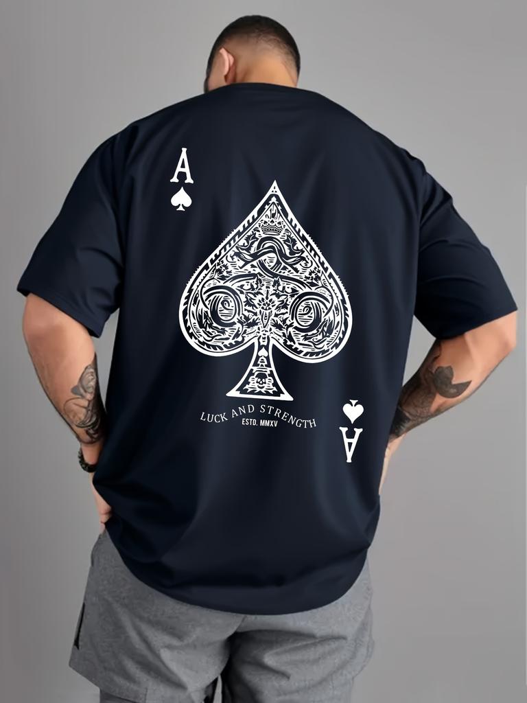 Summer men's 100% pure cotton casual sports loose oversized retro spade A printed comfortable round neck short sleeved T-shirt