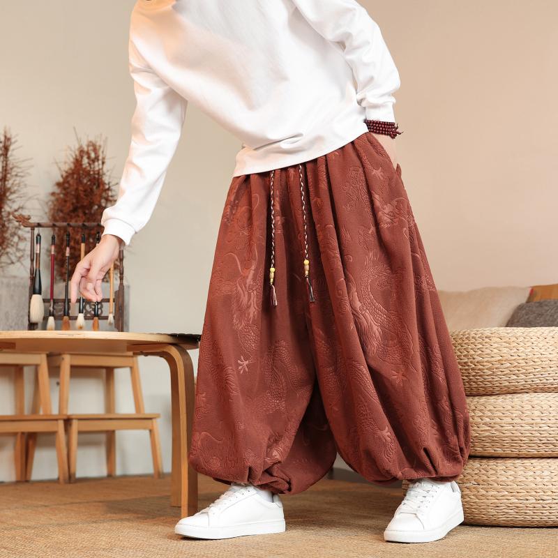 Men's Chinese Style Jacquard Lantern Pants Casual Loose Wide Leg Bloomers With Tassel Drawstring For Daily Wear