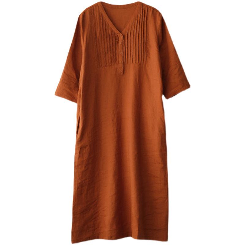 Women's Artistic Retro V-Neck Cotton Linen Dress – Single-Breasted, Casual, Five-Sleeve, Loose Fit for Summer 2025.