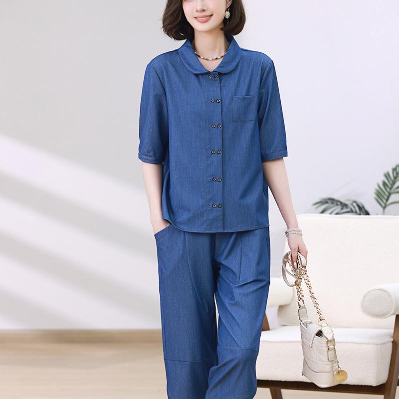 

Летний модный комплект из двух предметов больших размеров для женщин среднего и пожилого возраста - Свободный наряд с короткими рукавами 3X-Large темно-синий