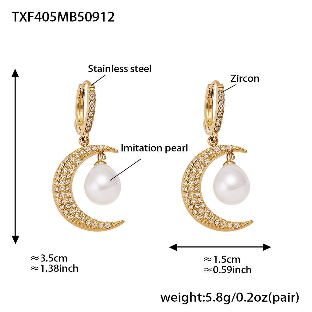 Tiny Chain Necklace Matching Earring In Stainless Steel With Zircon Moon Pendant Necklaces Dangle Earrings Jewelry Set For Women