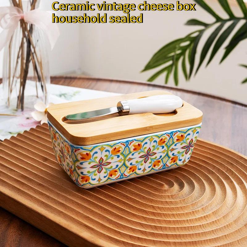 Butter Box Ceramic Thickened Storage Box with Lid Retro Household Kitchen Sealed and Fresh-keeping Cheese Storage Box