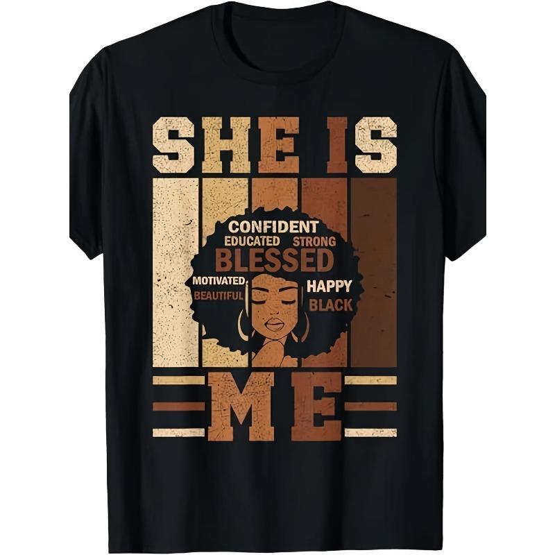 

Unisex She Is Me Juneteenth Black History T-Shirt African Women Positive Affirmations Print Casual Crew Neck Short Sleeve Tee 4XL чорний