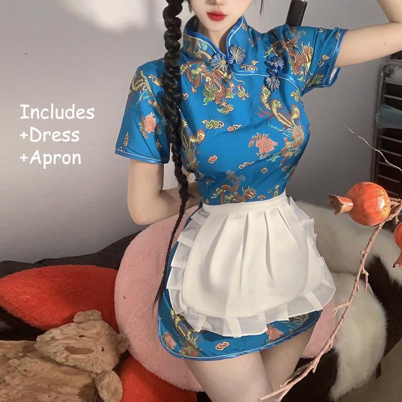 Sexy Chinese Women Cheongsam Cute Maid Role Play Outfit Apron Dress Uniform Kawaii Anime Little Chef Qipao Cosplay Costume
