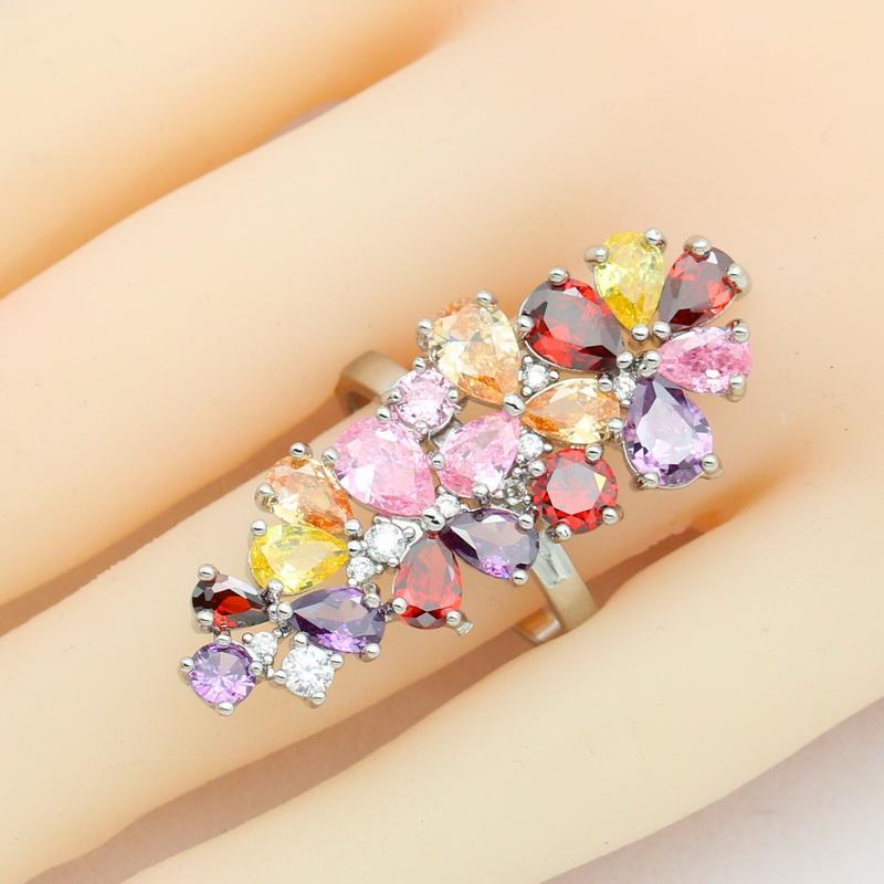 Multi Color Zircon  Stamp Women Jewelry Sets Bracelet Earrings Necklace Pendant Ring Wedding Party Birthday Gift