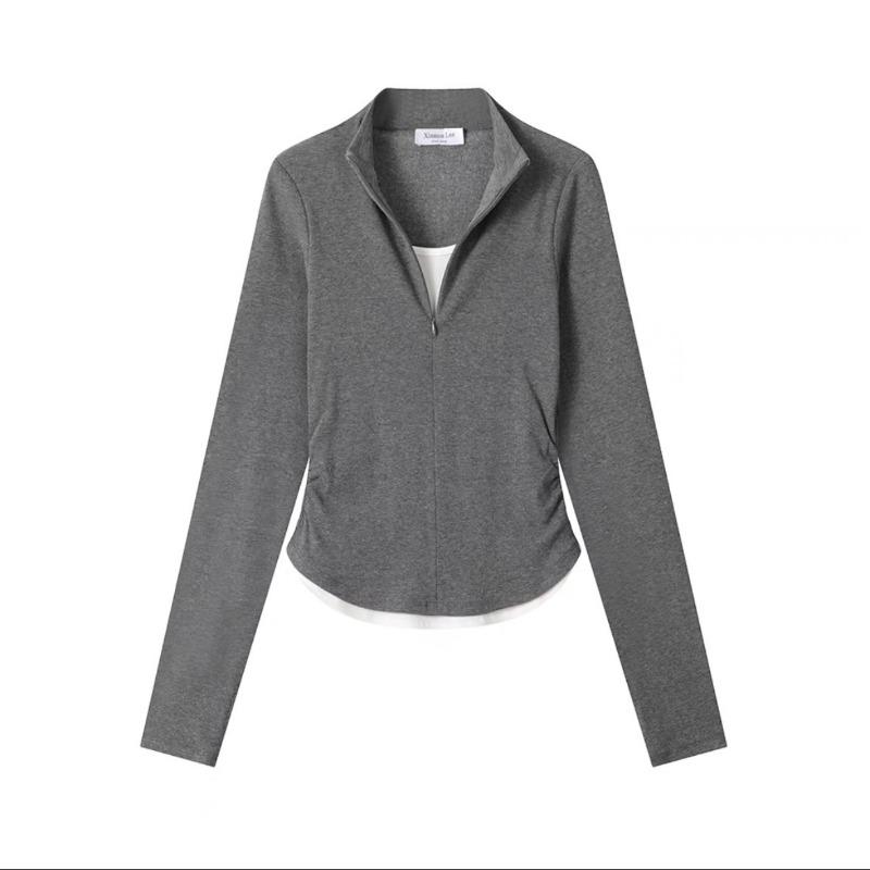 Spring Autumn Fake Two Pieces Slim T-shirt Women Long Sleeve Casual Fashion All-match Pullover Tee Top