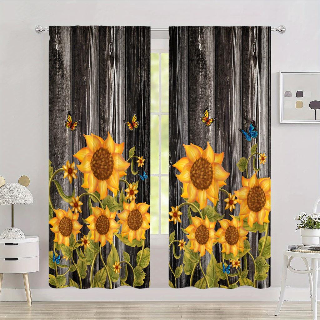 2pcs Sunflower Printed Curtain, Rod Pocket Window Treatment For Bedroom Office Kitchen Living Room Study Home Decor