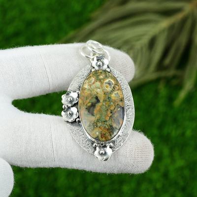 Natural Ocean Jasper Gemstone Pendant Green 925 Sterling Silver Indian Jewelry