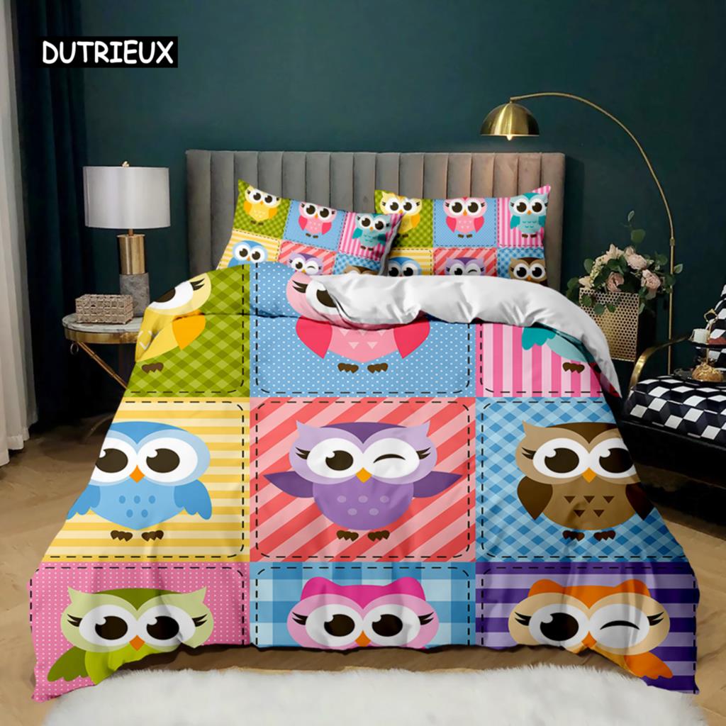 Owl Duvet Cover Adorable Cartoon Soft Microfiber Bedding Set Twin Double Queen King Size Animal Theme