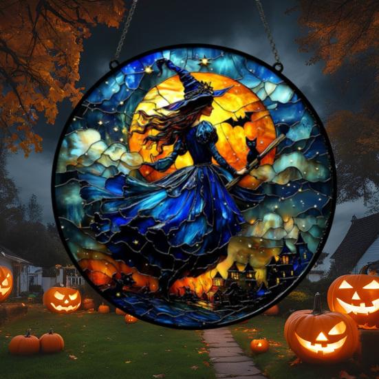 10/15/25CM Halloween Heks Solfanger Hengende Dekorasjon Svart Katt Flaggermus Måne Heks Farget Glass Akryl Vegg Vindu Hengende Skilt Ornament