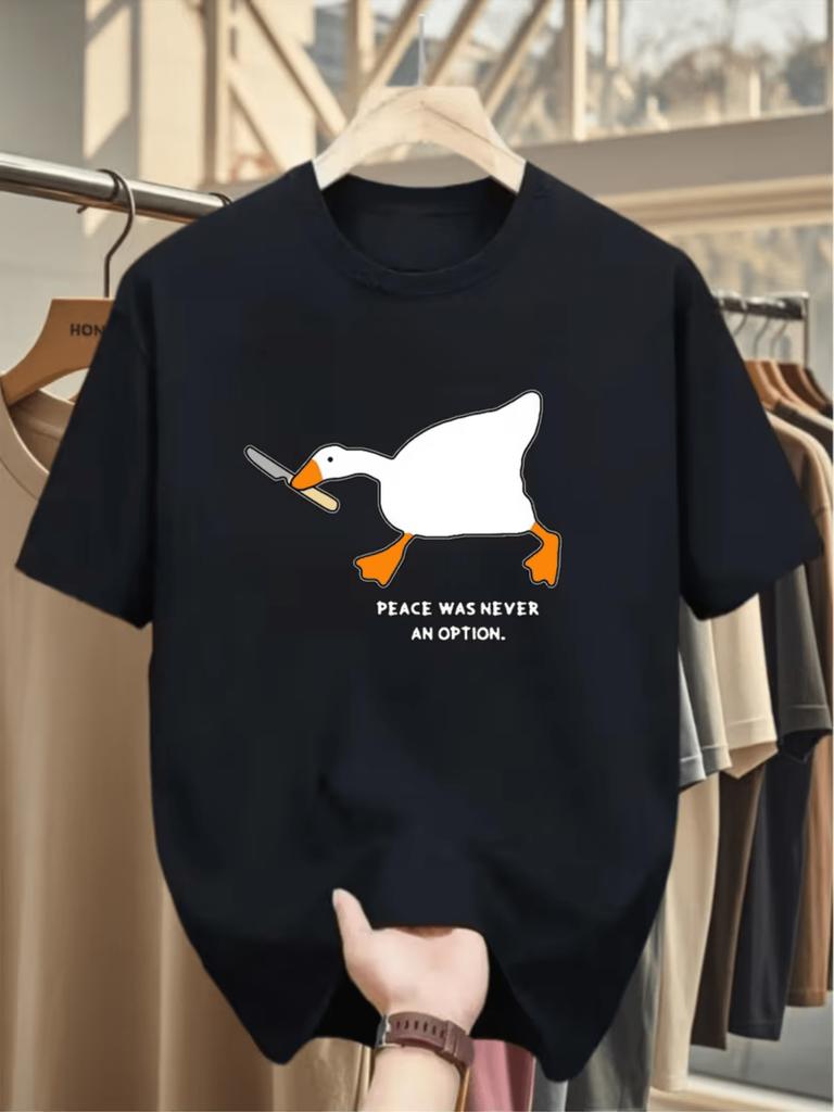 Gans mit Messer Meme Grafik Unisex T-Shirt Frieden war nie eine Option Tierkunst Kurzarm Rundhals Baumwolle T-Shirt Lässiges Oberteil