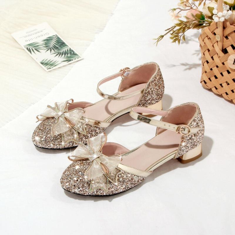 Summer Children's Sandals Women's New Students Middle and Older Children's Bow Sandals Princess High Heels Solid Color Girls Sandals
