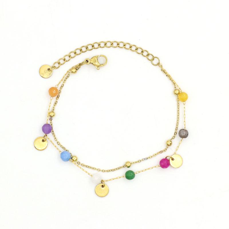 European American Gold-Plated Stainless Steel Double Layer Bracelet with Natural Stone Beads