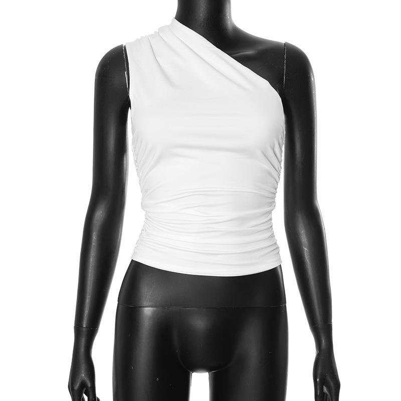 Women's Winter One-Shoulder Backless Ruched Tank Top T-Shirt: Solid Color, European & American Style