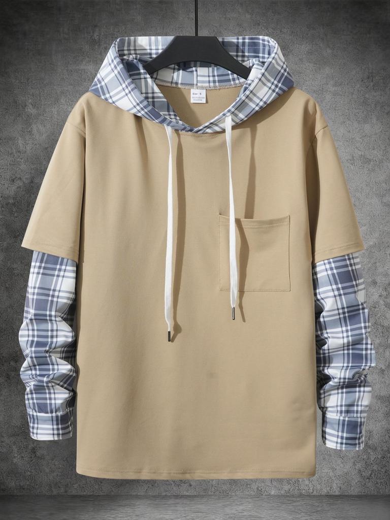 2025 Men's Plaid and Solid Color Hooded Long Sleeve Sweatshirt for Spring and Autumn