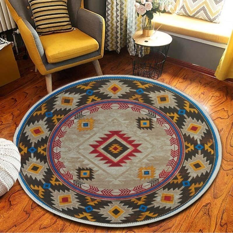 652F Round Carpet Retro Ethnic Type Floor Mat Resistant Rug Home Decoration