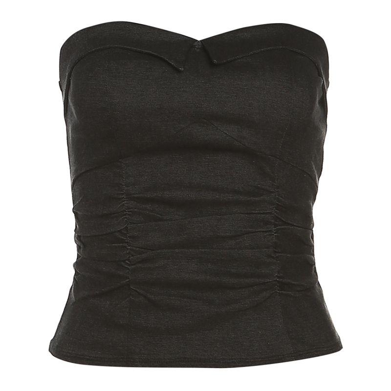 

# Sisjuly# Французский стиль Нарядный Элегантный Облегающий Топ-труба Женский Чистое Желание Сексуальный Со сборками С утяжкой Без рукавов Короткий топ Black L