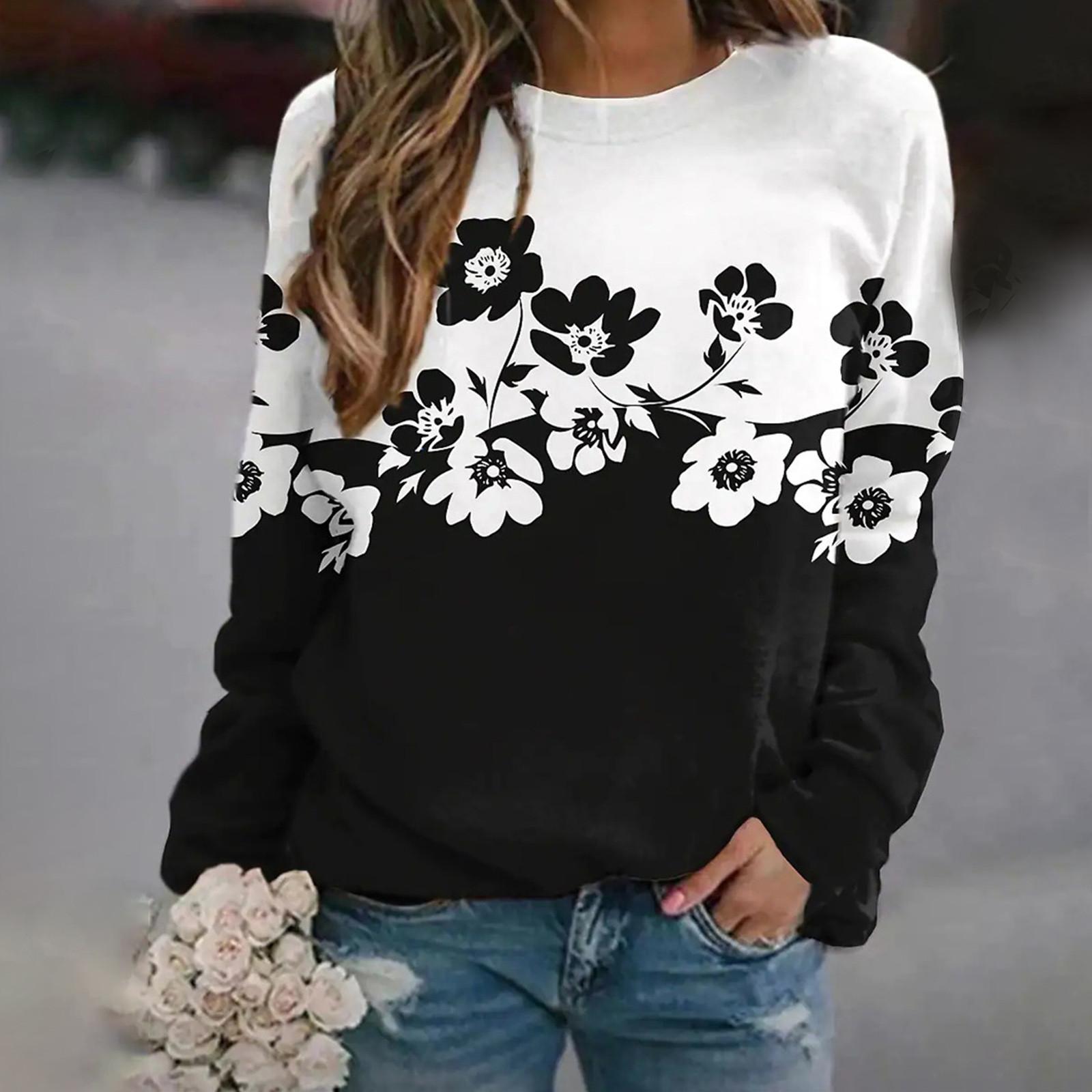 

Модные женские топы с длинными рукавами и круглым вырезом с цветочным принтом, повседневный пуловер, свитер XXXXL белый
