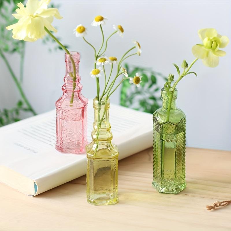 5pcs Glass Flower Vases 11.5cm Tall Mini Retro Relief Vases in Bulk Small Vases for Decor Center Pieces Vintage Bottles Wedding