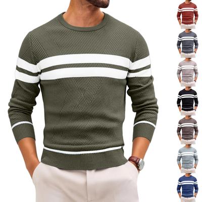 Mens Striped Print Pullover Sweater Slim Fit Lightweight Neck Long Sleeve Jumper Sweaters