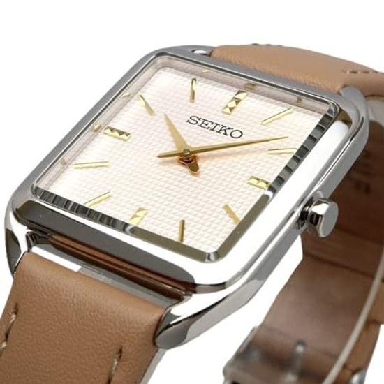 SEIKO quartz wristwatch women square design SWR089P1 silver beige leather band