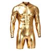 Mens Metallic Shiny Swimwear Bodysuit Mock Neck Long Sleeve Short Bottoms One Piece Dance Jumpsuit