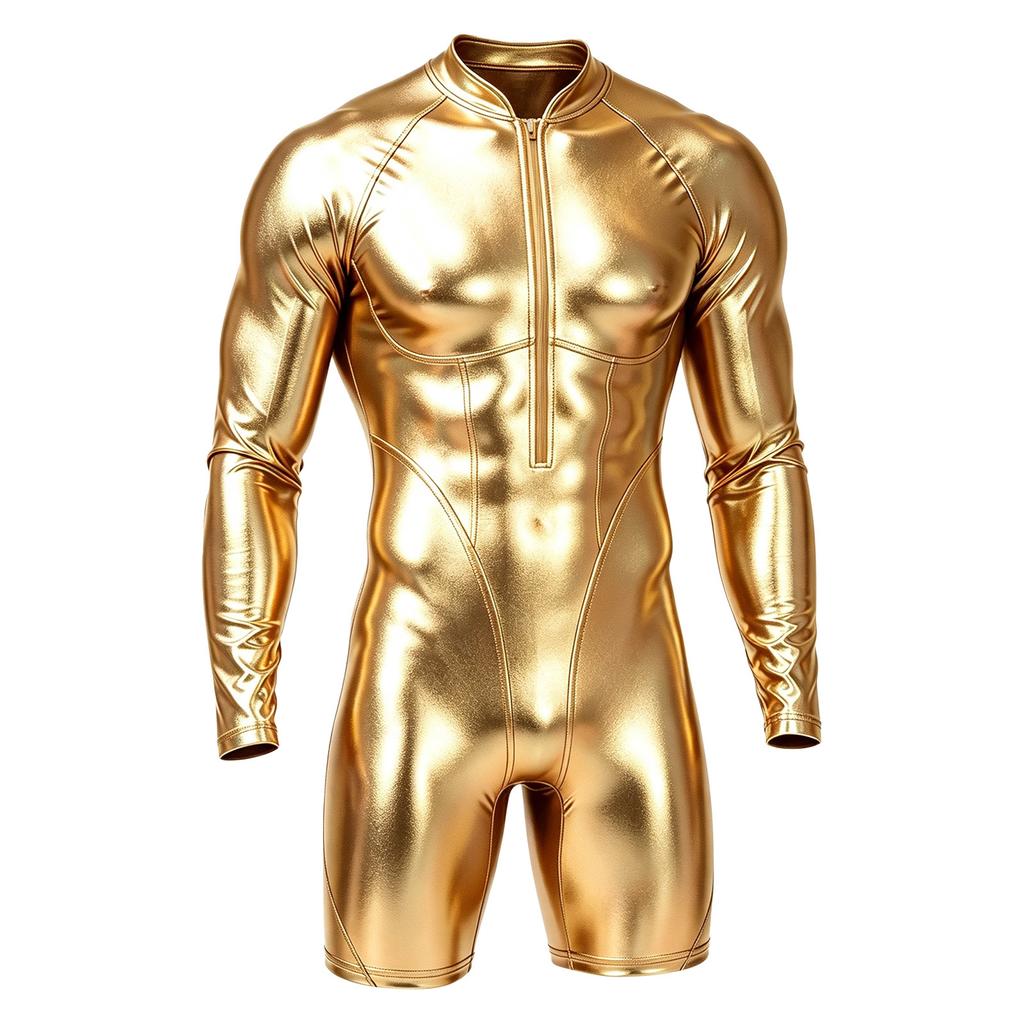 Mens Metallic Shiny Swimwear Bodysuit Mock Neck Long Sleeve Short Bottoms One Piece Dance Jumpsuit