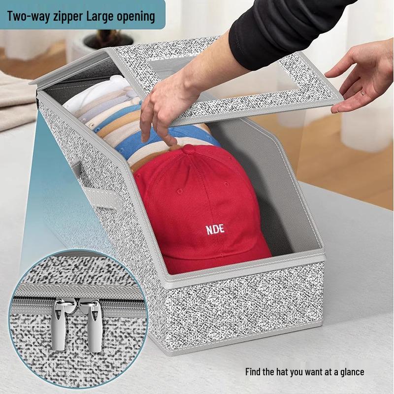 Large-Capacity Foldable Hat Storage Box with Lid & Zippered Dustproof Design
