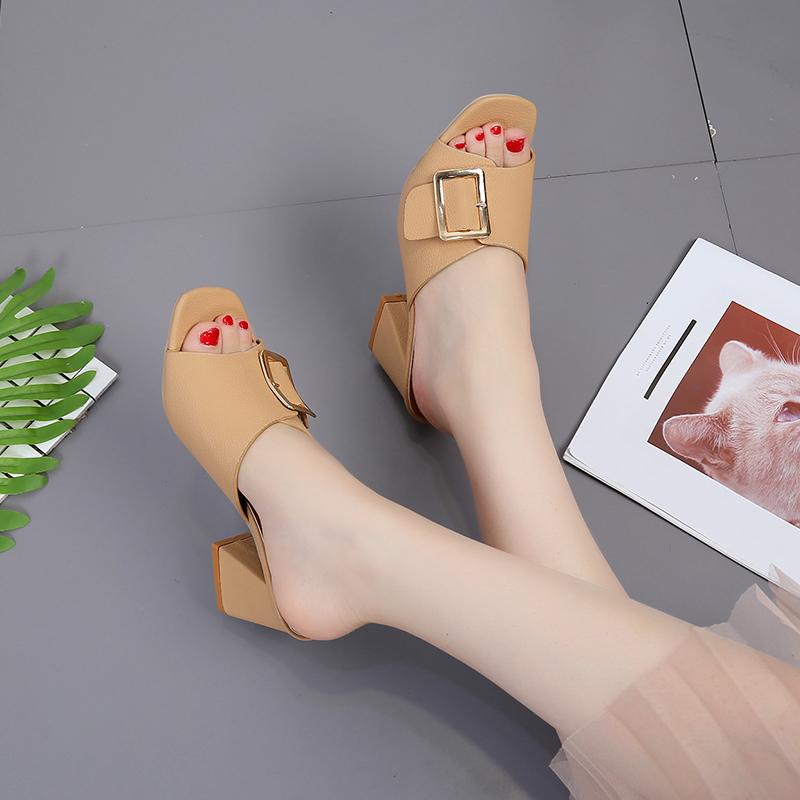 Open Toe Slides Woman Slippers Sandals Shoes for Women Khaki Heeled Rubber Job Outside Sandal Chic and Elegant Clappers