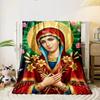 Religious Icon with Flowers and HaloFlannel Blanket for Bedroom, Living Room, Sofa, and Nap