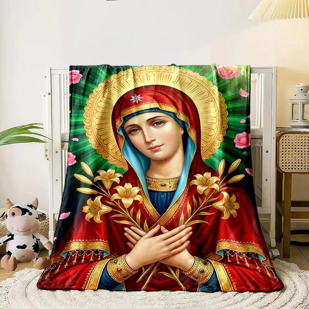 Religious Icon with Flowers and HaloFlannel Blanket for Bedroom, Living Room, Sofa, and Nap
