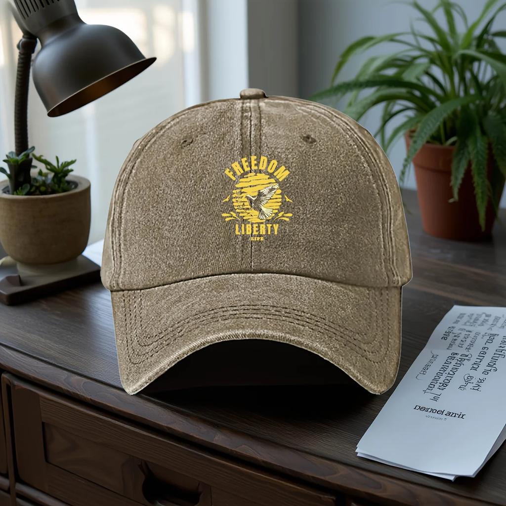 Adjustable Washed Vintage Denim Truck Driver Baseball Cap with "FREEDOM LIBERTY LIFE" Dove Print - Lightweight Casual Style, Sof
