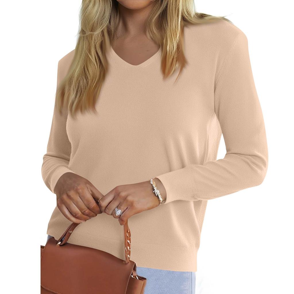 Women's Fashionable Casual V Neck Solid Color Long Sleeve Top