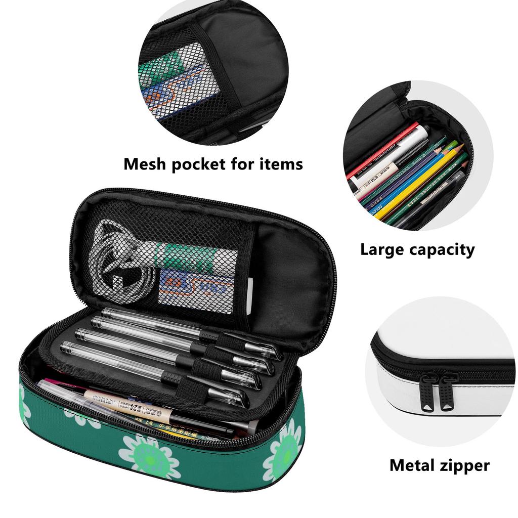 Pencil Pouch Casual High Capacity 300D Polyester Zip Around Closure with Main Compartment Mesh Pocket and Pen Slots for Students