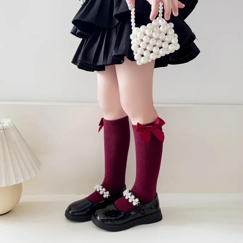 Girls Princess Bow Mid Calf Socks Spring Autumn Solid Student Dance Long Tube Socks For Little Kids