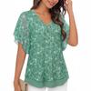 Womens Floral Print Chiffon Blouse V Neck Ruffle Sleeve Casual Loose Tunic Top