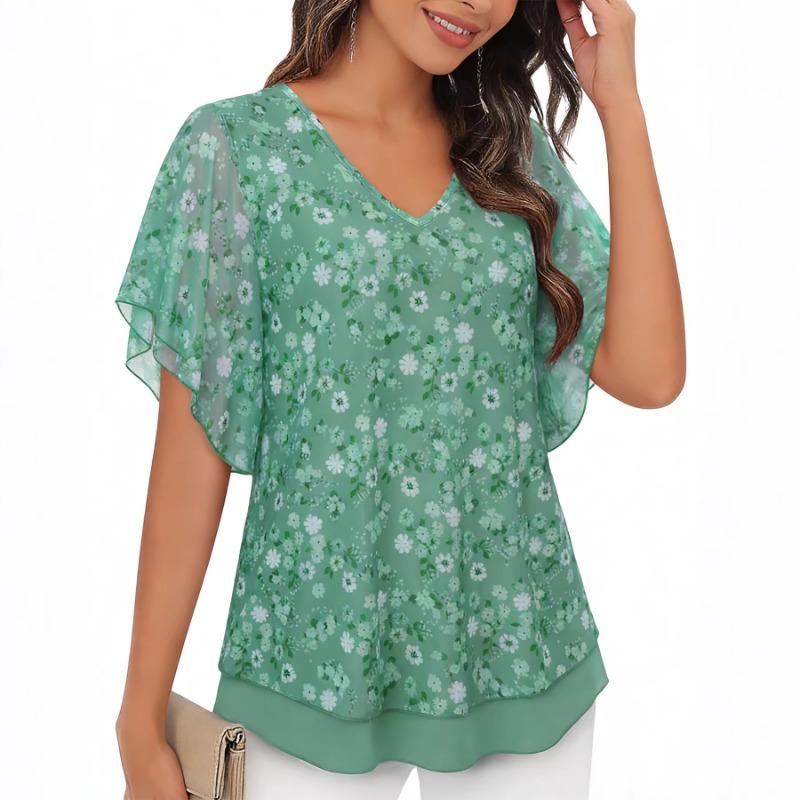 Womens Floral Print Chiffon Blouse V Neck Ruffle Sleeve Casual Loose Tunic Top