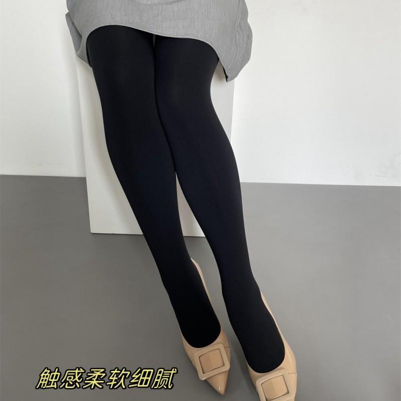 Thick Warm Fleece-Lined Womens Full-Length Tights Winter Black Solid Nylon Pantyhose Japanese Style