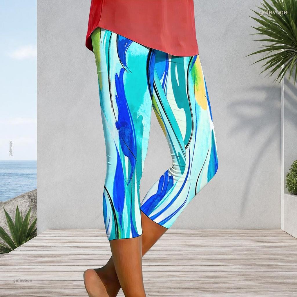Women Plus Size Capri Leggings Abstract Blue X Graffiti Checkered Print High Waist Stretchy Workout Yoga Casual Cropped Pants